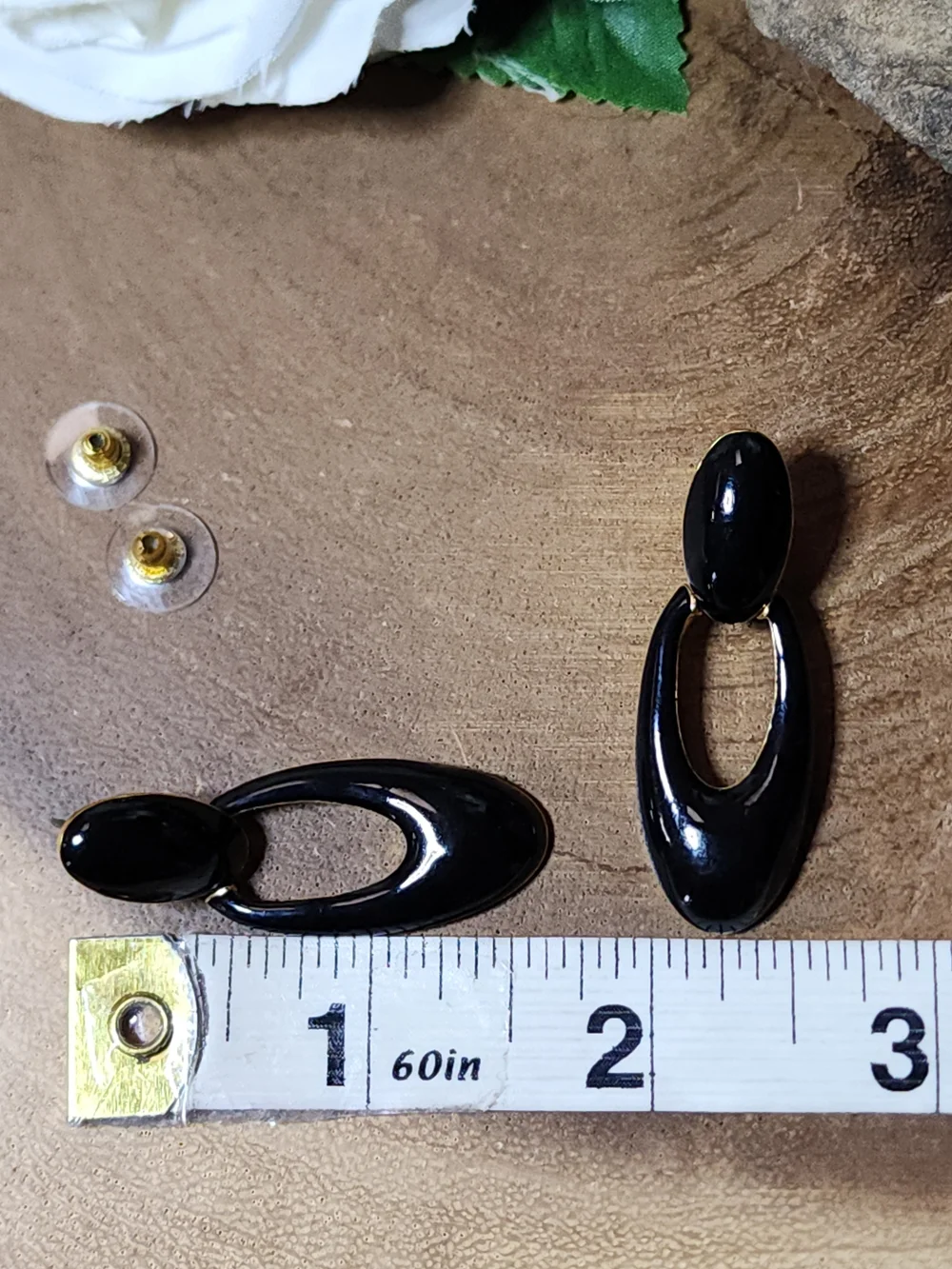Signed Monet Black and Gold Oval Drop Pierced Earrings